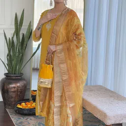 KALINI Floral Yoke Design Notch Neck Zari Chanderi Straight Kurta With Trouser & Dupatta-45