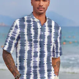 Anouk Blue Tie & Dyed Mandarin Collar Cotton A-Line Short Kurta-image-25