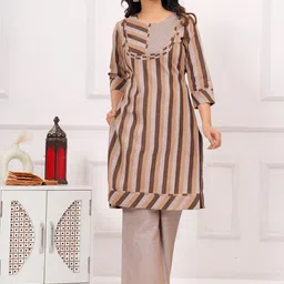UNBIND Striped Pure Cotton Round Neck Top With Trousers Co-Ords-image-3