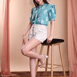 Kinjo mahi-1 Women Floral Print Tie-Up Neck Puff Sleeve Cotton Top-image-48