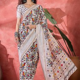 Sangria Kalamkari Printed Zari Border Saree With Unstitched Blouse-image-34