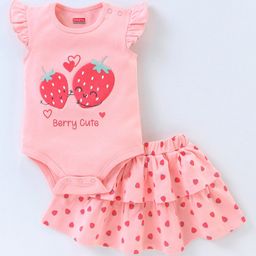 Babyhug 100% Cotton Short Sleeves Onesie with Skirt Strawberry Print - Pink-image-31