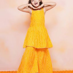 AJ Dezines Sleeveless Bandhej Designed & Gota Lace Embellished Coordinating Kurta & Sharara Set - Yellow-image-75