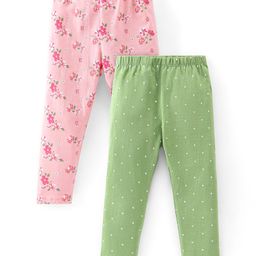 Babyhug Cotton Lycra Full Length Leggings Floral Printed Pack of 2 - Pink & Green-image-108