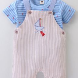 ToffyHouse Cotton Woven Yarn Dyed Stripes Dungaree & Half Sleeves T-Shirt with Boat Print & Embroidery - Sky Blue-picture-7