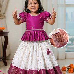 Babyhug Woven Half Puffed Sleeves Choli Lehenga Pattu Pavada Set With Floral Embroidery & Lace Detailing - White & Fuchsia-image-30