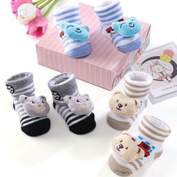 Cute Walk by Babyhug Ankle Length Socks Animal Applique Pack of 3 - Grey & Blue-image-25