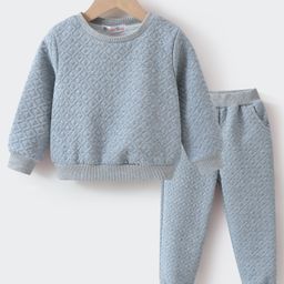 Kookie Kids Full Sleeves Textured Winter Wear Co-Ord Set - Light Grey-image-90