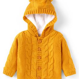 Babyhug Knitted Full Sleeves Front Open Solid Colour Hooded Sweater With Cable Knit Design & Ear Applique - Mustard-image-27
