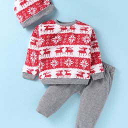 Little Kangaroos Fleece Knit Full Sleeves Winter Wear Set With Cap Deer & Snowflakes Design - Red & Grey-image-64