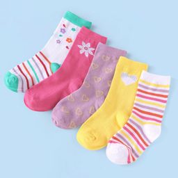 Cute Walk by Babyhug Cotton Knit Anti-Bacterial Ankle Length Heart Flower & Stripe Designed Socks Pack of 5 - Yellow Pink & White-image-87