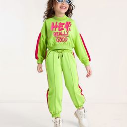 Ollington St. 100% Cotton Knit Full Sleeves Turtle Neck Winter Wear Co-Ord Set With Text Print - Lime Grreen-picture-29