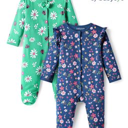 Babyoye 100% Cotton Knit with Eco Jiva Finish Full Sleeves Footed Sleep Suits with Floral Print Pack of 2 - Green & Navy Blue-image-55