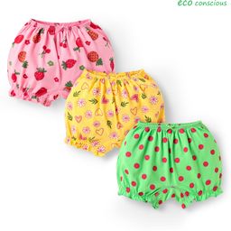 Babyoye Cotton Elastane Knit Bloomers With Polka Dots Floral & Fruit Print Pack Of 3 - Pink Green & Yellow-image-19