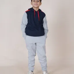 Kiddopanti Fleece Full Sleeves Cut & Sew Pocket Hooded Sweatshirt With Joggers - Navy & Grey Melange-picture-48