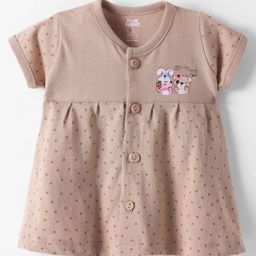 Pink Rabbit Interlock Knit Half Sleeves Front Open Frock with Animal & Heart Print - Brown-picture-2