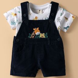 ToffyHouse Cotton Knit Dungaree & Half Sleeves Inner Tee with Animal Print & Embroidery - Navy Blue & White-image-85