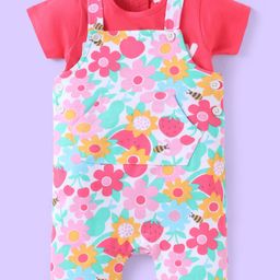Babyhug Single Jersey Knit Floral Printed Dungaree Style Romper with Half Sleeves Text Printed Top - Red-image-64