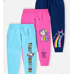 Trampoline Cotton Blend Pack Of 3 Unicorns Printed Track Pants - Sky Blue Pink & Blue-image-107