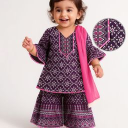 earthy touch EARTHY TOUCHSingle Jersey Knit Three Fourth Bell Sleeves Kurta Gharara Set & Dupatta with Floral Print & Lace Detailing - Purple-picture-15