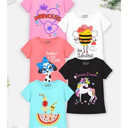Trampoline Pack Of 5 Half Sleeves Princess & Bee Fabulous Text Printed Tees - Multi Colour-image-49