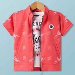 Dapper Dudes Half Sleeves Abstract Printed Jacket With Typographic Printed Tee - Red-picture-12