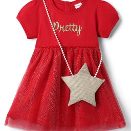 Babyhug Single Jersey Knit Half Sleeves Text Embroidered Frock with Sling Bag - Red-image-53