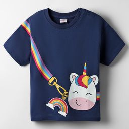 Babyhug Cotton Knit Half Sleeves Drop Shoulder T-Shirt With Unicorn Print - Navy Blue-image-88