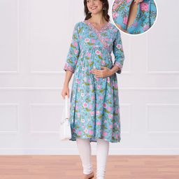 Bella Mama Woven Three Fourth Sleeves Maternity Kurta with Floral Highlighted Yoke - Pink & Light Blue-image-44