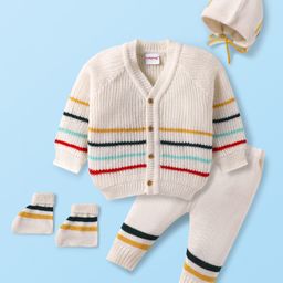 Babyhug Knit Full Sleeves Striped Sweater Set with Cap & Mittens - Off White-picture-15