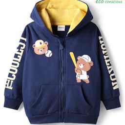Babyoye 100% Cotton Fleece Knit Full Sleeves Hooded Sweatjacket With Teddy Bear Print & Kangaroo Pockets - Navy Blue-picture-17