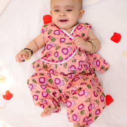 BownBee Pure Cotton Woven Sleeveless Lion & Leaves Printed Crop Kurta & Coordinating Harrem Pant Set - Pink-image-99