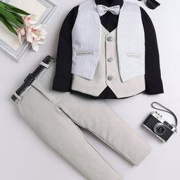 Fourfolds Cotton Blend Woven Chevron Printed 3 Piece Party Suit With Bow Set - Green-image-49