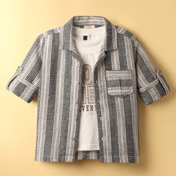 Rikidoos Full Sleeves Striped Shirt With Good Vibes Text Printed Inner Tee - Black & White-image-29