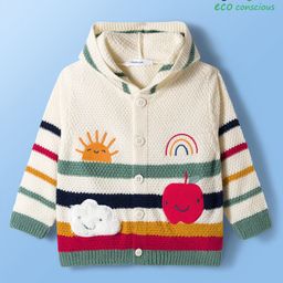 Babyoye Knit Full Sleeves Front Open Hooded Sweater with Stripes Sun & Rainbow Design - White-picture-23