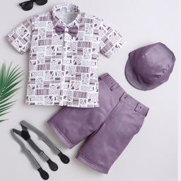 Fourfolds Cotton Blend Woven Half Sleeves Abstract Printed Shirt & Shorts With Cap Suspender & Bow Set - Purple-picture-25