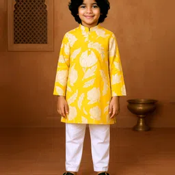 Kiddopanti Cotton Woven Full Sleeves Floral Printed Kurta Pyjama Set - Yellow & White-picture-30