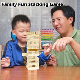 VGRASSP 48 Pcs Number Stacking Wooden Blocks Toy For Kids With 4 Number Dice - Classic Tower Game For Kids, Friends And Family - Color May Vary image 2