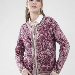 Monte Carlo Women Floral Self Design Round Neck Woollen Cardigan-image-64