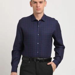 Turtle Blue Cotton Slim Fit Checks Shirt-image-21