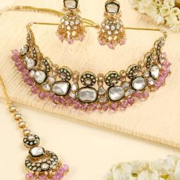 Zaveri Pearls Purple Beads Green Meenakari Stones Bridal Necklace Earrings & Maang Tikka Set-image-52