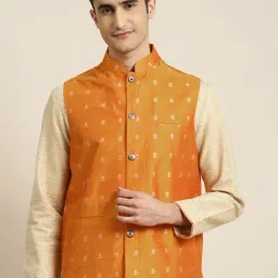 SOJANYA Orange Comfort Fit Embroidered Nehru Jacket-10
