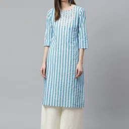 YASH GALLERY White & Sky Blue Cotton Striped Straight Kurta-16