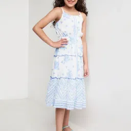 Global Desi Girl Kids White & Blue Floral Print Dress-image-8