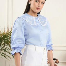 Style Quotient Women Blue Embroidered With Puff Sleeve Shirt-85