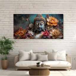 Nestroots Multicolor Canvas Buddha Surrounded By Lotus Flowers Wall Painting - Gold Floating Frame image 1