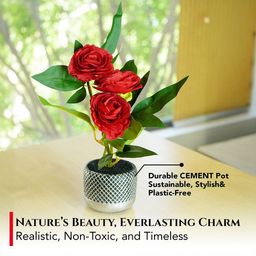 Ekhasa Red & Green Roses Artificial Flower With Cement Vase Pot image 3