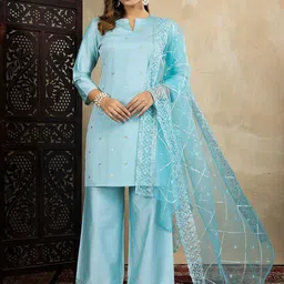 House of Pataudi Floral Embroidered Notch Neck Straight Kurta & Palazzos With Dupatta-56