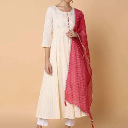 SHOWOFF Beige Cotton Embroidered Anarkali Kurta With Dupatta-picture-32