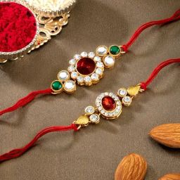Peora Multicolored Kundan & Crystal Stone Rakhi with Roli Chawal Greeting Card (Set of 2 Rakhi)-image-50